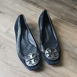 Tory Burch Black Flats with Silver Emblem